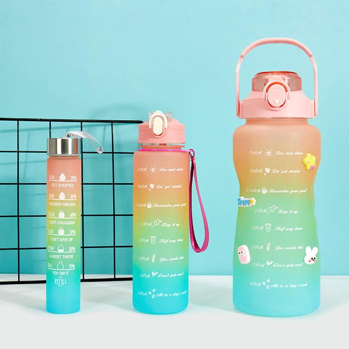 Factory customizable Gradient Color Bpa Free Camping Gym Plastic 3 in 1 motivational sport water bottle Set with time marker Industrial Wholesale Custom Solutions