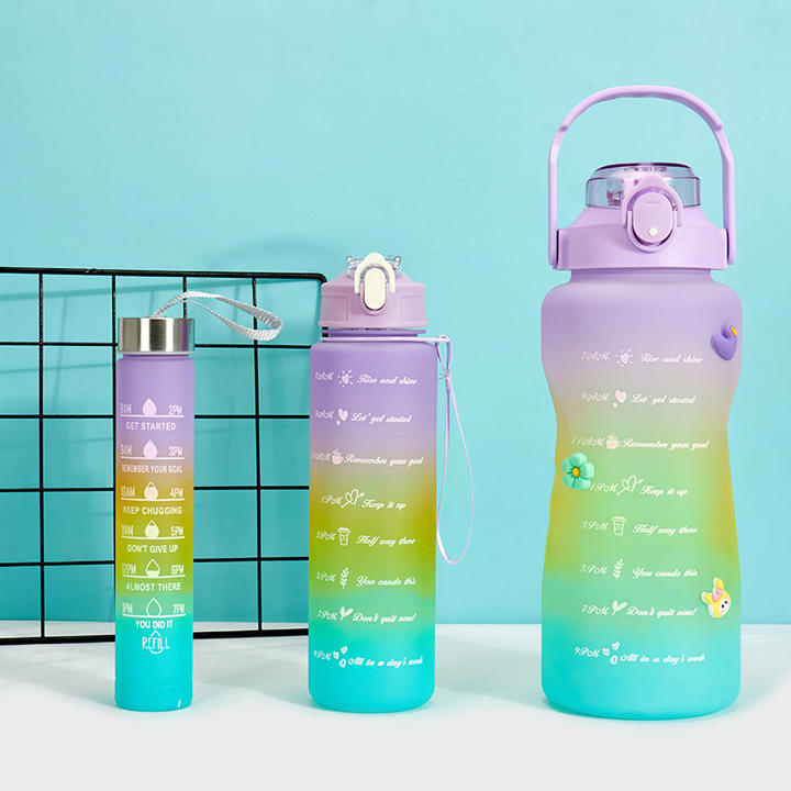 Factory customizable Gradient Color Bpa Free Camping Gym Plastic 3 in 1 motivational sport water bottle Set with time marker Industrial Wholesale Custom Solutions