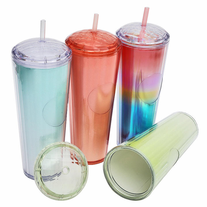 Factory direct sale Unisex 24oz large capacity custom logo and color double wall plastic straw tumbler with dome lid