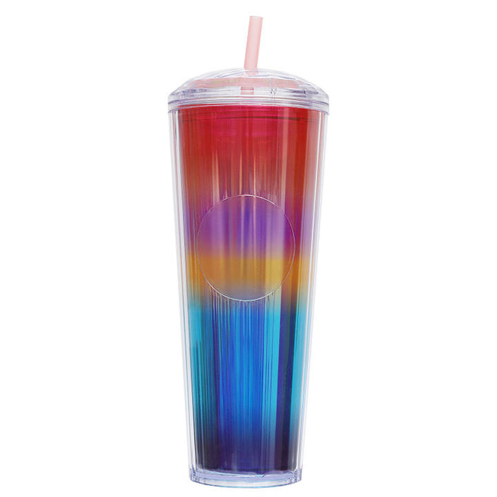 Factory direct sale Unisex 24oz large capacity custom logo and color double wall plastic straw tumbler with dome lid