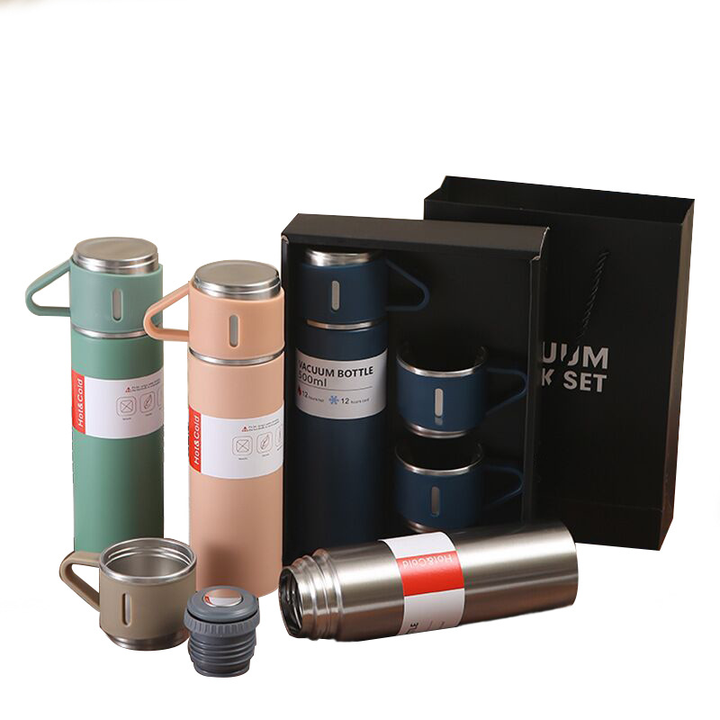 Factory low MOQ fast delivery stainless steel insulated vacuum flask set with 2 drinking cups Manufacturing Services Solutions