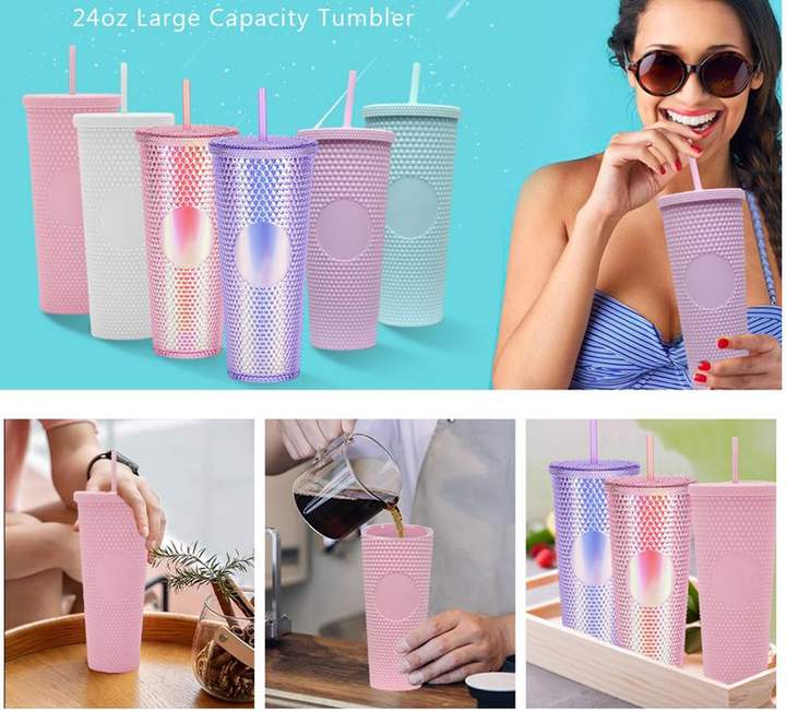 Fashion DIY Iced Coffee or milk shake cup Reusable 24oz (710ml) bpa free Double Wall Plastic Textured cup with Lid and Straw China Factory Direct Production