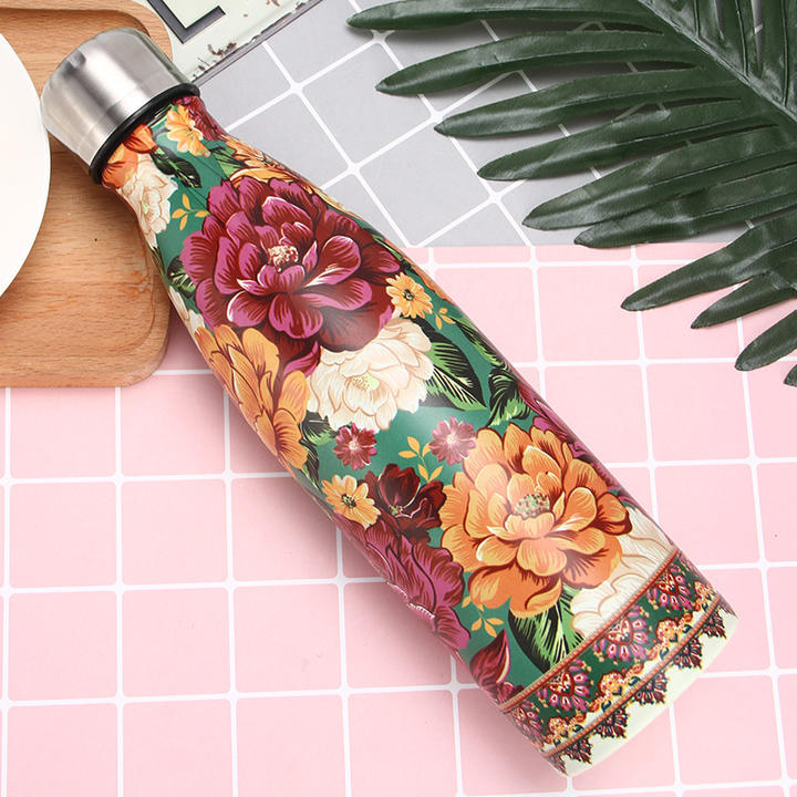 Flower Pattern 12 Hours Spill Proof 17 Oz Insulated Stainless Steel Water Bottle Reusable Metal Water Bottle Large Order Wholesale Distributor