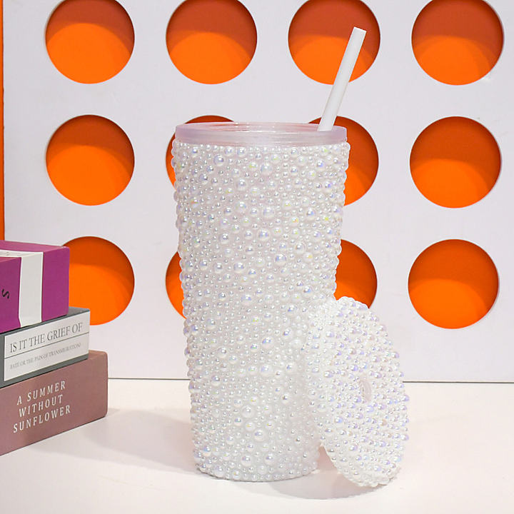 Gold certification factory Good quality 650ml/22oz travel camping pearl plastic Studded Bling Tumbler with straw and lid Manufacturing & Supply
