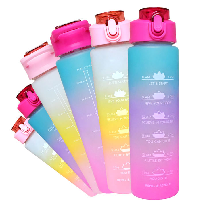 Gradient Color Sport Gym Water Bottle with Time Marker Tritan Motivational Water Bottle Free Plastic Portable 1000ml Bpa Camping Industrial Bulk Supply