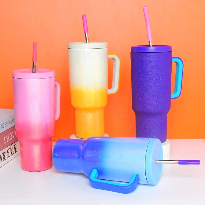 Gradient Rainbow Leak Proof Custom Reusable Stainless Steel Modern Insulated Tumbler With Handle And Straw Lid