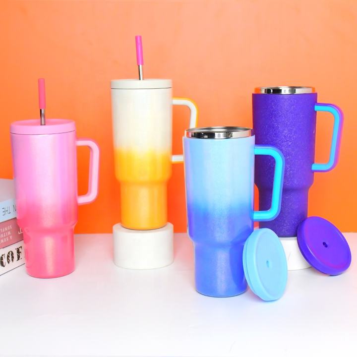 Gradient Rainbow Leak Proof Custom Reusable Stainless Steel Modern Insulated Tumbler With Handle And Straw Lid