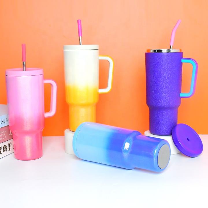 Gradient Rainbow Leak Proof Custom Reusable Stainless Steel Modern Insulated Tumbler With Handle And Straw Lid