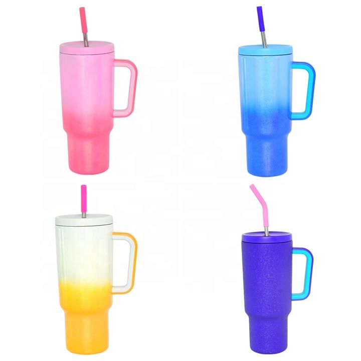 Gradient Rainbow Leak Proof Custom Reusable Stainless Steel Modern Insulated Tumbler With Handle And Straw Lid