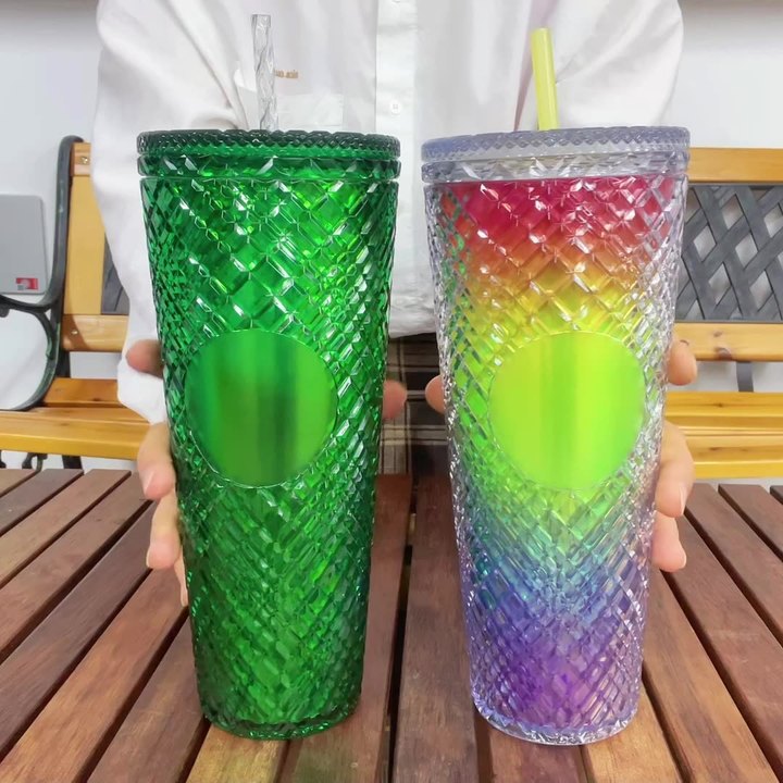 High quality 710ml/24oz Plastic Gifts Double Wall insulation Insulated Jeweled Tumbler with Spill & Splash Proof Lid and straw