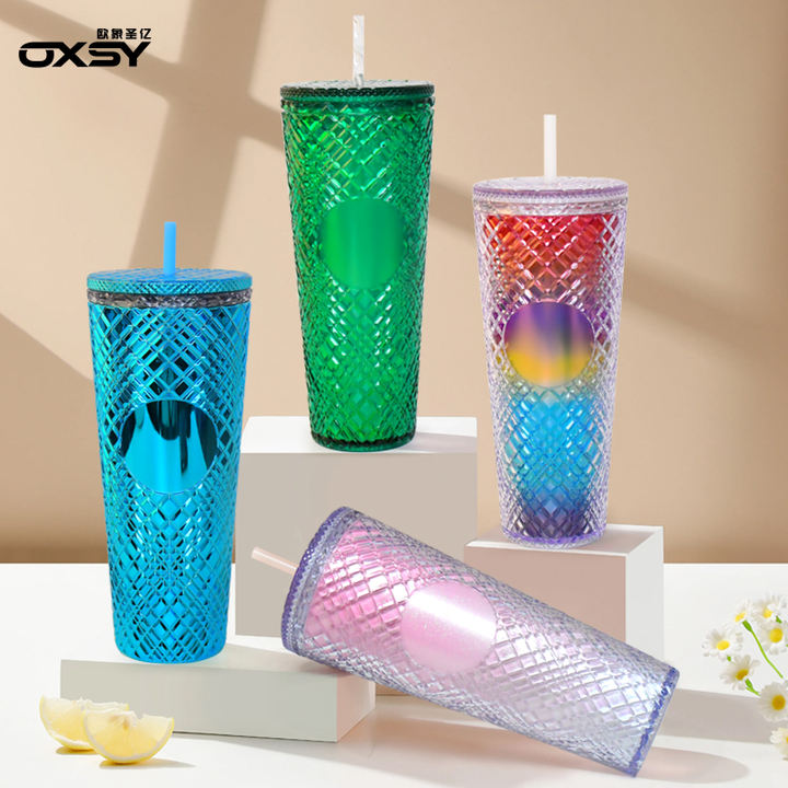 High quality 710ml/24oz Plastic Gifts Double Wall insulation Insulated Jeweled Tumbler with Spill & Splash Proof Lid and straw