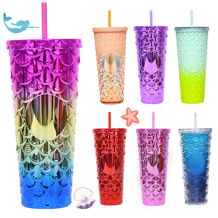 High quality 710ml/24oz Plastic Gifts Double Wall insulation Insulated Jeweled Tumbler with Spill & Splash Proof Lid and straw