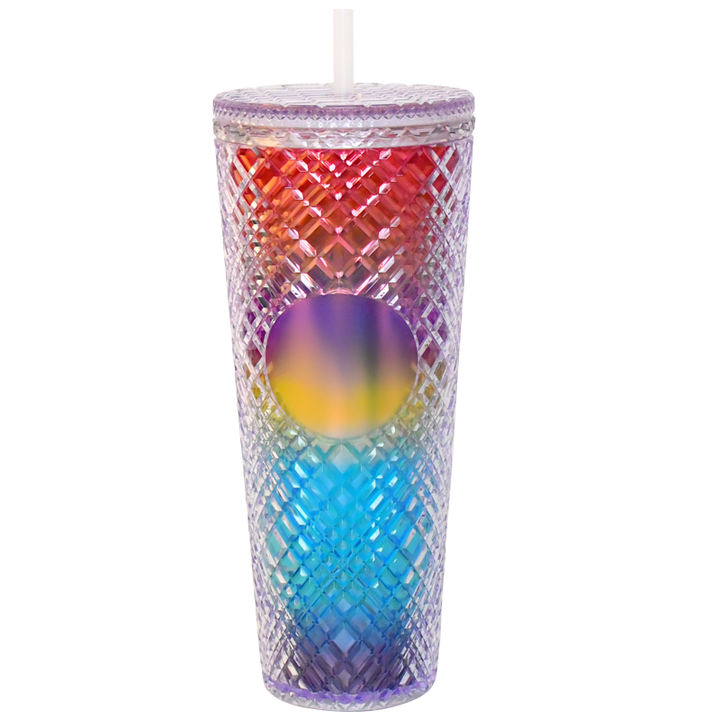 High quality 710ml/24oz Plastic Gifts Double Wall insulation Insulated Jeweled Tumbler with Spill & Splash Proof Lid and straw