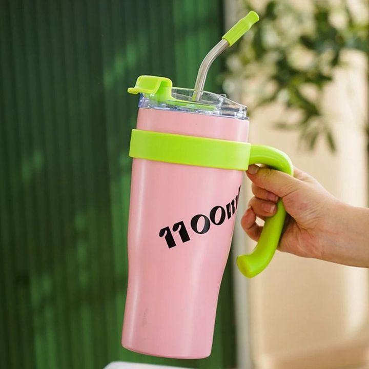 Hot sale Portable Classic style durable customized logo 1100ml stainless steel double wall travel cup with handle and straw Low-Cost Manufacturing
