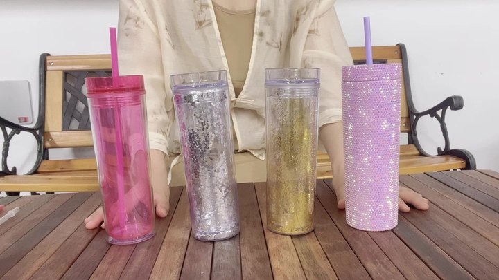 IN stock RTS Minimalist violet 400ml Double Wall Plastic skinny tumbler with lid and straw