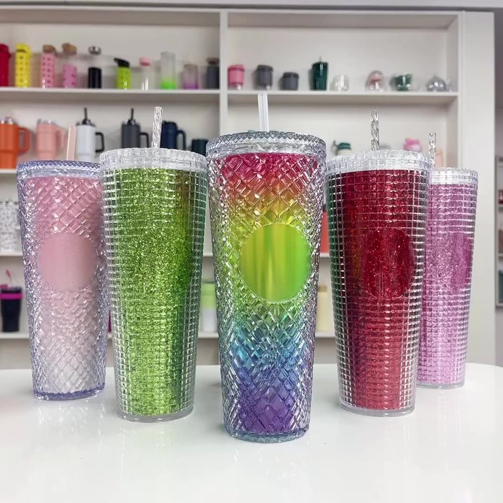 Iced Coffee Cup Travel Mug Reusable Plastic Cups 24Oz Glitter Pink Double Walled Insulated Tumblers With Leak Proof Lids Discounted Bulk Pricing