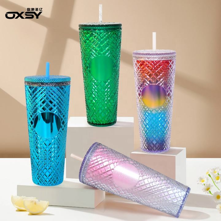 Iced Coffee Cup Travel Mug Reusable Plastic Cups 24Oz Glitter Pink Double Walled Insulated Tumblers With Leak Proof Lids Discounted Bulk Pricing