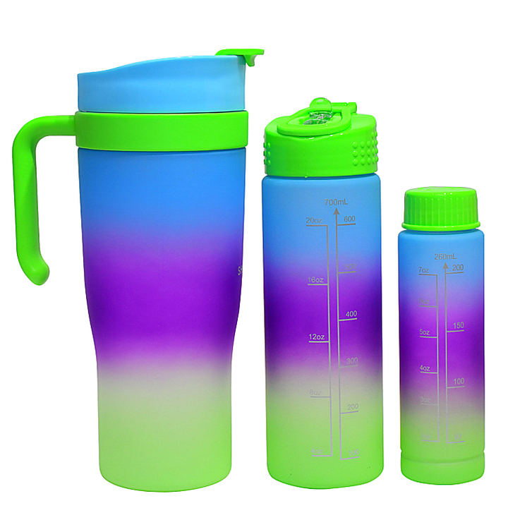 Imported PC Materials Colorful Car Cup Factory OEM Durable Color Gradient 1200ml 700ml 260ml 3 in 1 Gym Travel Plastic Glass Cup