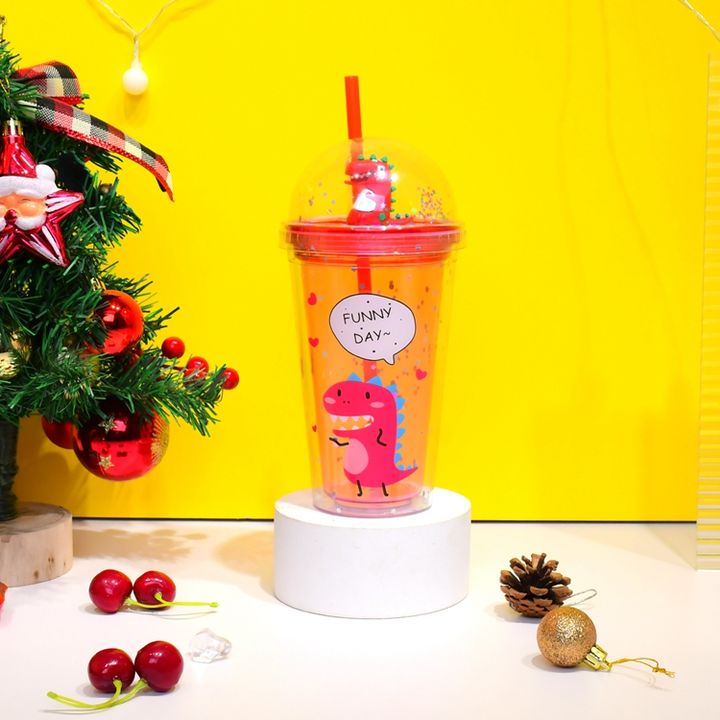 Kids Double Wall Acrylic Dinosaur Straw Drink Cup Cartoon Design 450ml Capacity Plastic Lid Gym Gift Drinking Outdoor Activity Supplier Wholesale Production