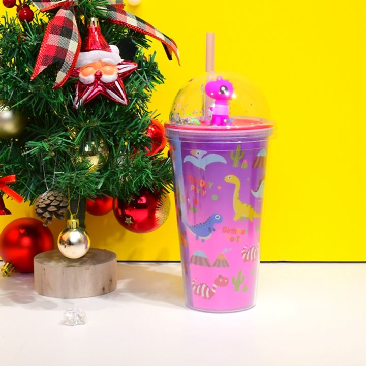 Kids Double Wall Acrylic Dinosaur Straw Drink Cup Cartoon Design 450ml Capacity Plastic Lid Gym Gift Drinking Outdoor Activity Supplier Wholesale Production