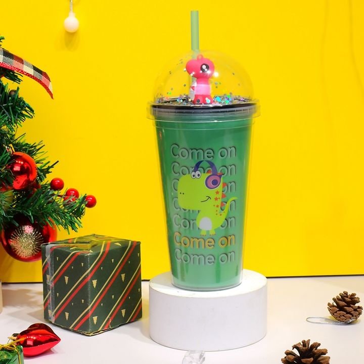 Kids Double Wall Acrylic Dinosaur Straw Drink Cup Cartoon Design 450ml Capacity Plastic Lid Gym Gift Drinking Outdoor Activity Supplier Wholesale Production