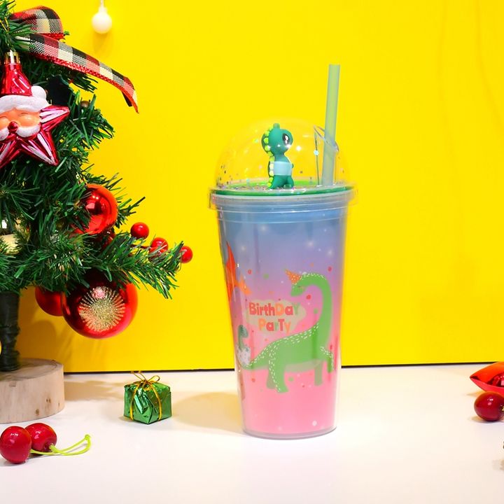Kids Double Wall Acrylic Dinosaur Straw Drink Cup Cartoon Design 450ml Capacity Plastic Lid Gym Gift Drinking Outdoor Activity Supplier Wholesale Production