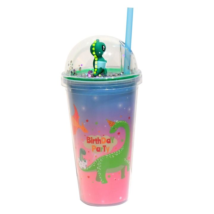 LOW MOQ multi color Plastic Acrylic drinking cups 450ml Kids double wall dinosaur water cup with dome lid and straw