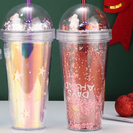 Manufacturer custom Cheap 400ml /14oz bpa free acrylic travel cup OEM plastic Double walled tumbler with straw and twinkling lid High-Volume Manufacturing