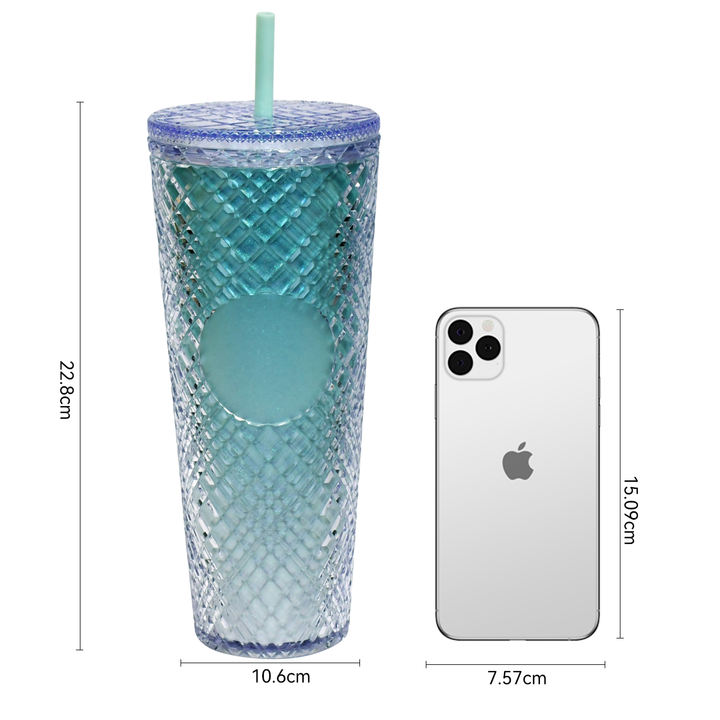 NEW Hot Reusable Iced Coffee Cup Venti 24oz/710ml Plastic Double Wall Insulated Grid Matte Studded Tumbler with Lid and Straw Wholesale Distribution Center