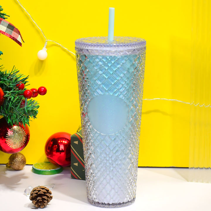 NEW Hot Reusable Iced Coffee Cup Venti 24oz/710ml Plastic Double Wall Insulated Grid Matte Studded Tumbler with Lid and Straw Wholesale Distribution Center