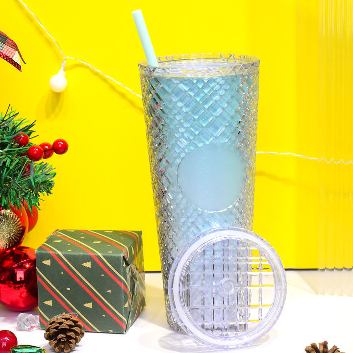 NEW Hot Reusable Iced Coffee Cup Venti 24oz/710ml Plastic Double Wall Insulated Grid Matte Studded Tumbler with Lid and Straw Wholesale Distribution Center