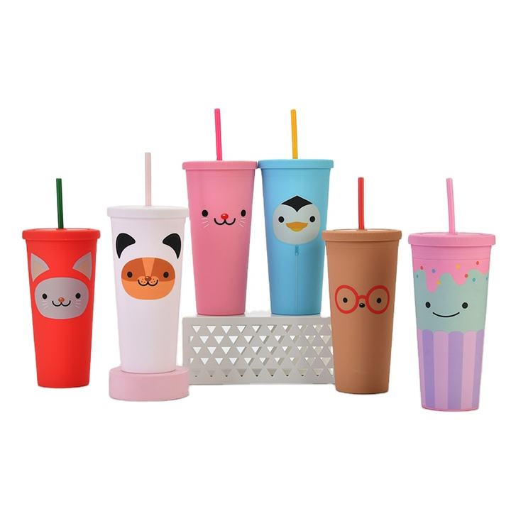 New Cartoon Logo Plastic Straw Cup Children's Double-layer Large-capacity Cup Frosted Matte Casual Cup