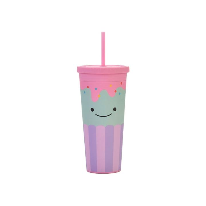 New Cartoon Logo Plastic Straw Cup Children's Double-layer Large-capacity Cup Frosted Matte Casual Cup