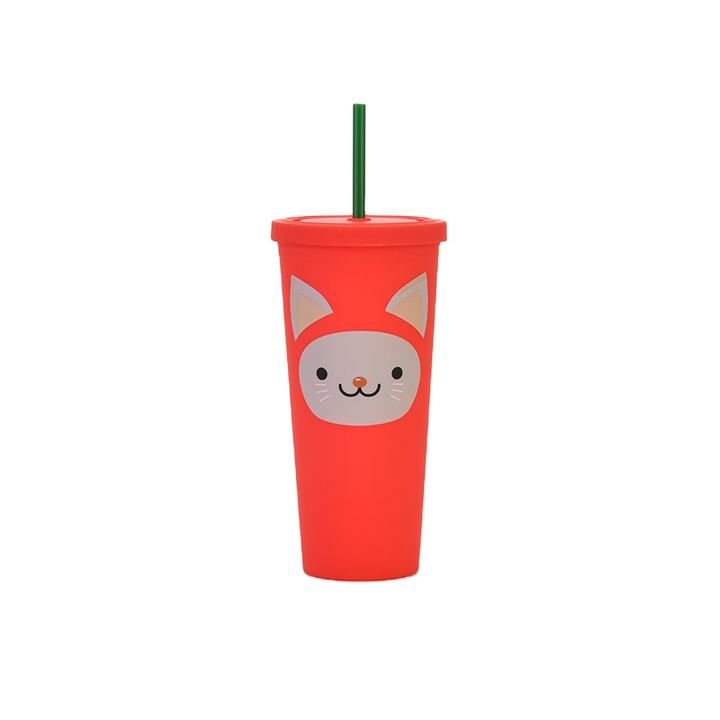 New Cartoon Logo Plastic Straw Cup Children's Double-layer Large-capacity Cup Frosted Matte Casual Cup