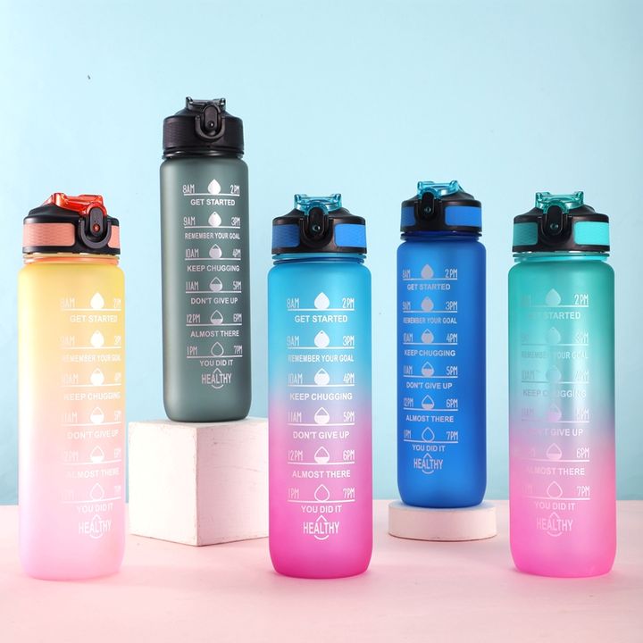 OEM/ODM BPA Free 32oz/1L Custom Logo Sport Plastic Gradient Plastic Motivational  Water Bottles With straw and rope Factory Pricing Supply
