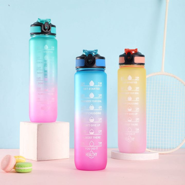 OEM/ODM BPA Free 32oz/1L Custom Logo Sport Plastic Gradient Plastic Motivational  Water Bottles With straw and rope Factory Pricing Supply