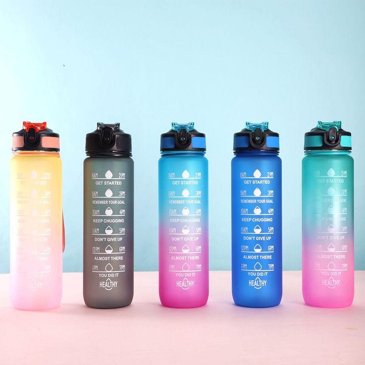 OEM/ODM BPA Free 32oz/1L Custom Logo Sport Plastic Gradient Plastic Motivational  Water Bottles With straw and rope Factory Pricing Supply