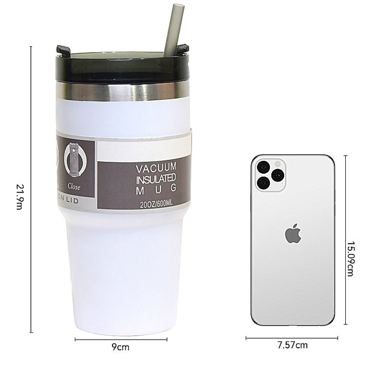 OEM/ODM Black White 20oz Double wall Vacuum Insulated termos stainless steel coffee mugs with straw and lid