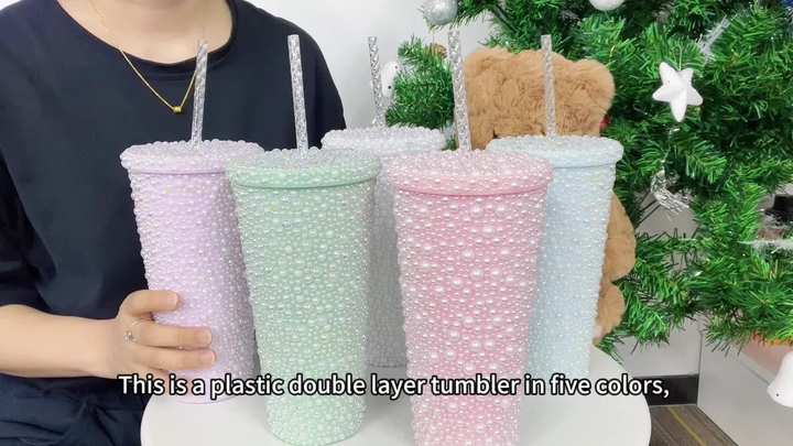 OEM/ODM Business Gifts 450ml/650ml Pink White Double wall plastic tumblers stick the rhinestone Gift cup with straw Industrial Wholesale