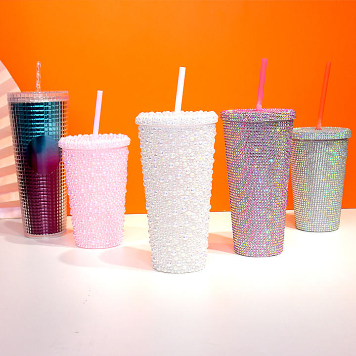 OEM/ODM Business Gifts 450ml/650ml Pink White Double wall plastic tumblers stick the rhinestone Gift cup with straw Industrial Wholesale