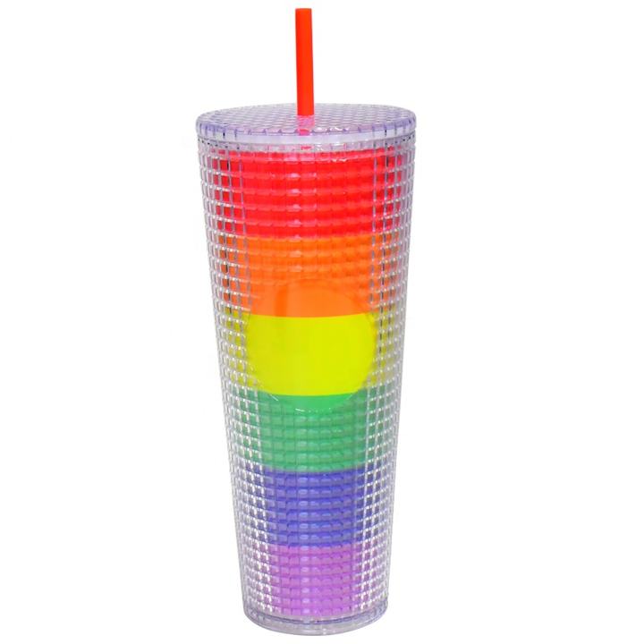 OEM/ODM FDA test 24oz drinkware bling Venti Double Wall Plastic Grid Pineapple Straw Cup Tumbler With logo