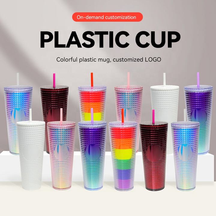 OEM/ODM FDA test 24oz drinkware bling Venti Double Wall Plastic Grid Pineapple Straw Cup Tumbler With logo