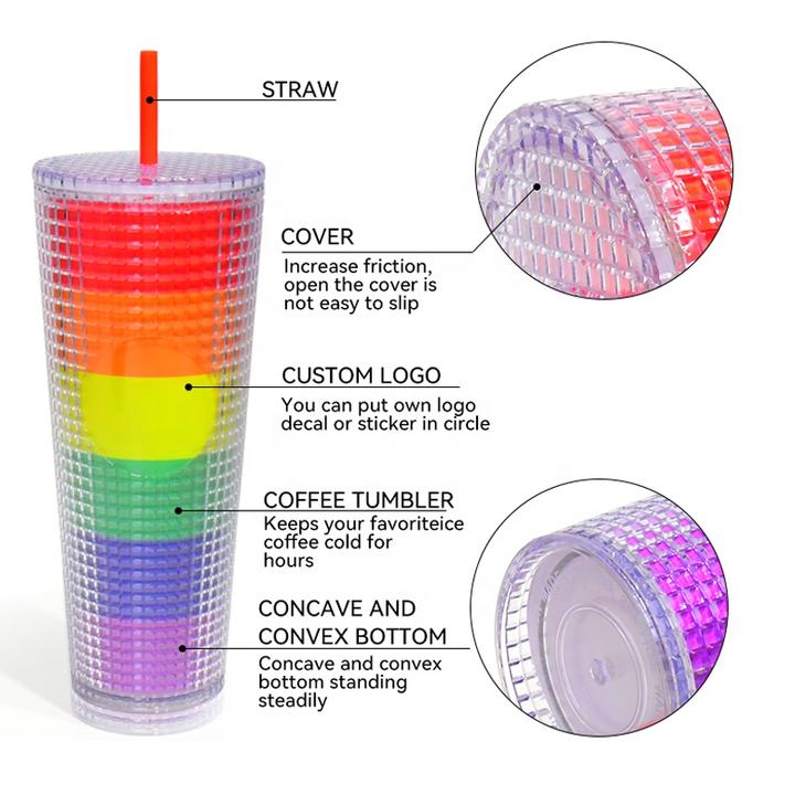 OEM/ODM FDA test 24oz drinkware bling Venti Double Wall Plastic Grid Pineapple Straw Cup Tumbler With logo