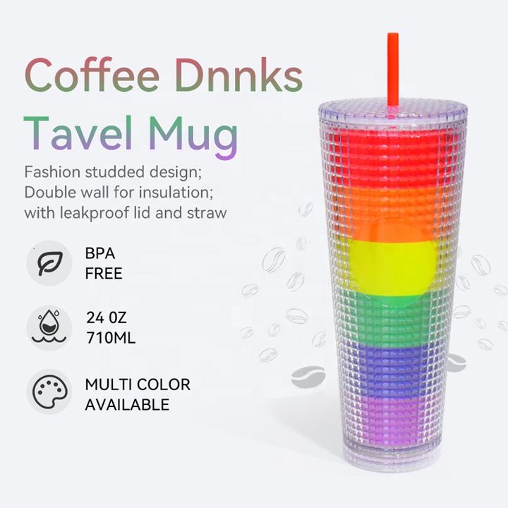 OEM/ODM FDA test 24oz drinkware bling Venti Double Wall Plastic Grid Pineapple Straw Cup Tumbler With logo