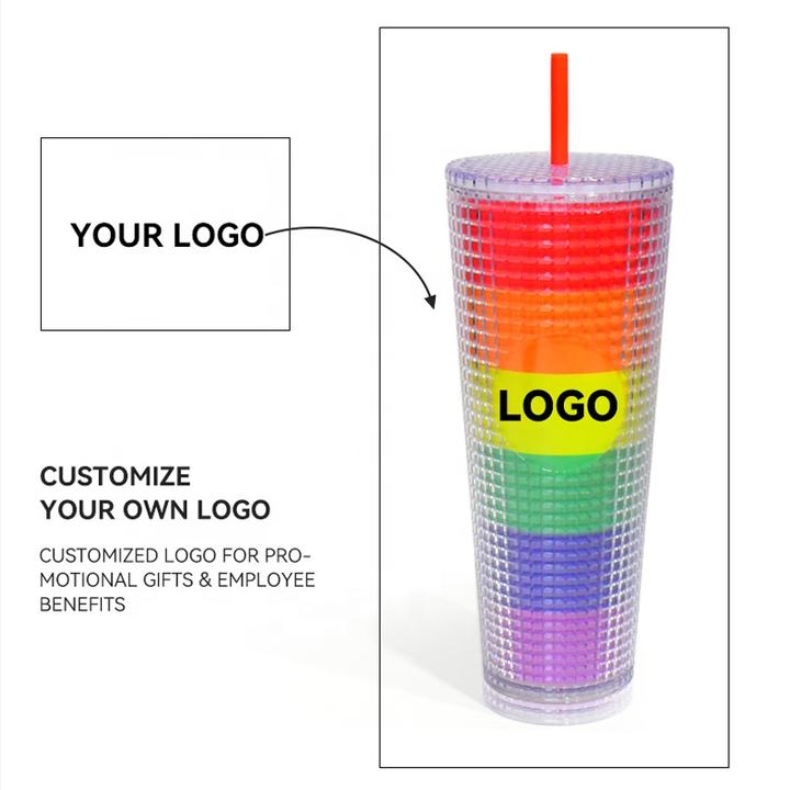 OEM/ODM FDA test 24oz drinkware bling Venti Double Wall Plastic Grid Pineapple Straw Cup Tumbler With logo