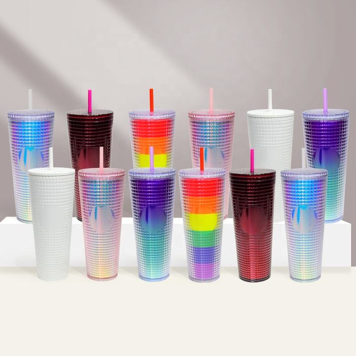 OEM/ODM FDA test 24oz drinkware bling Venti Double Wall Plastic Grid Pineapple Straw Cup Tumbler With logo