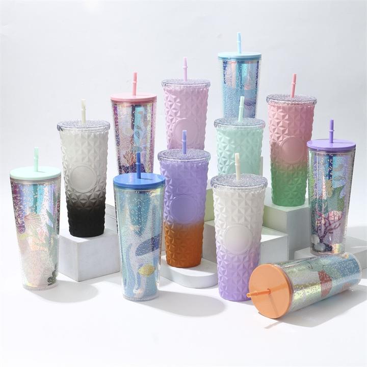 On-the-Go Wide Mouth Cupholder Friendly Travel Mug Acrylic Cold Studded Tumbler with Spill Resistant Lid