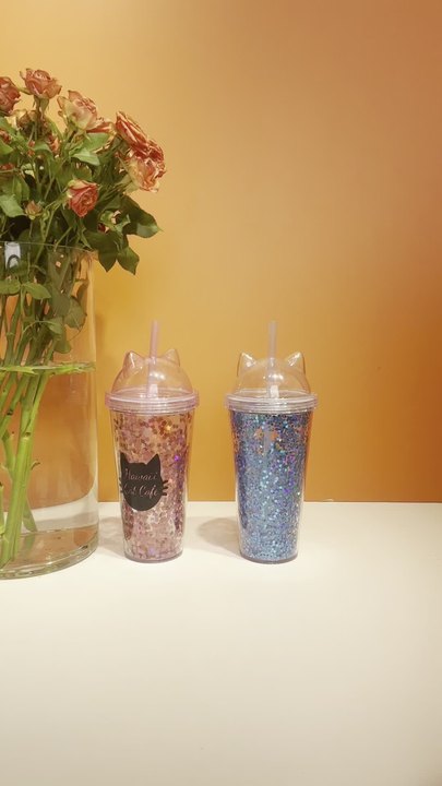 Personalized customized service BPA Free 400ml cute kids acrylic double wall Sparkling plastic tumbler with straw and ears lid