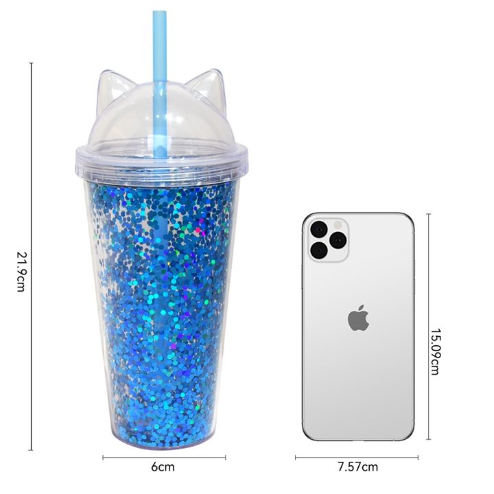 Personalized customized service BPA Free 400ml cute kids acrylic double wall Sparkling plastic tumbler with straw and ears lid