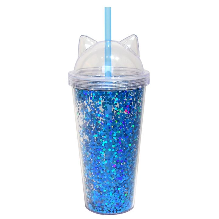 Personalized customized service BPA Free 400ml cute kids acrylic double wall Sparkling plastic tumbler with straw and ears lid